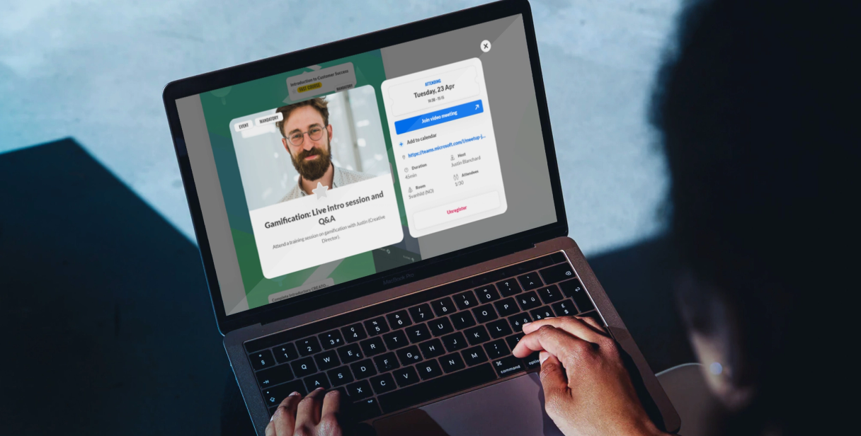 Attensi Manager event page on a laptop: sign-up details for a live gamification intro session and Q&A