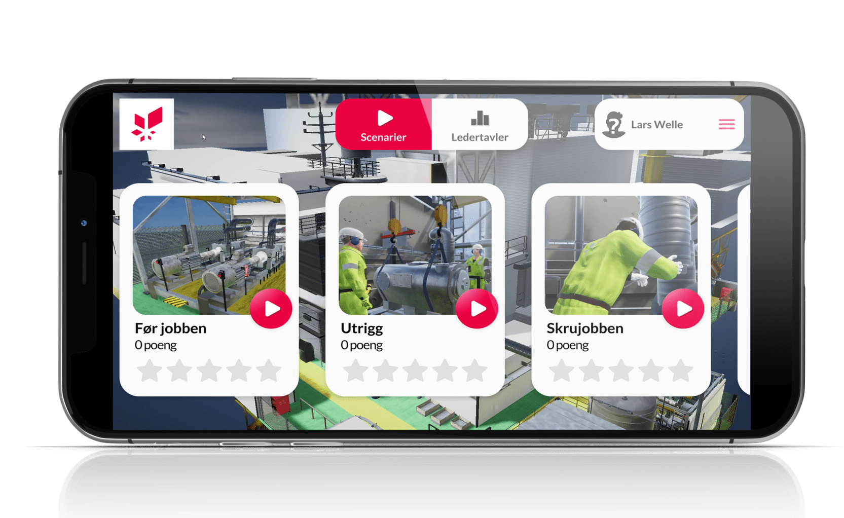 A smartphone displaying an app with industrial training scenarios featuring workers in safety gear and play buttons.