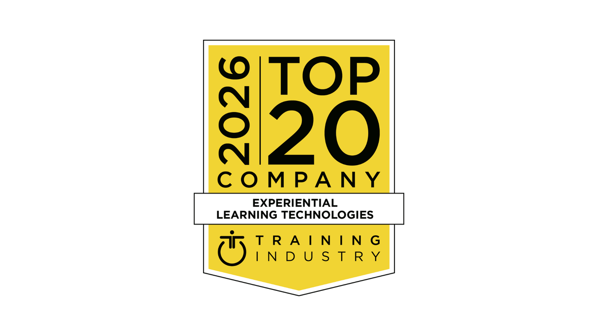 Gelb-weißes Badge der Auszeichnung 2026 Top 20 Company for Experiential Learning Technologies von Training Industry.