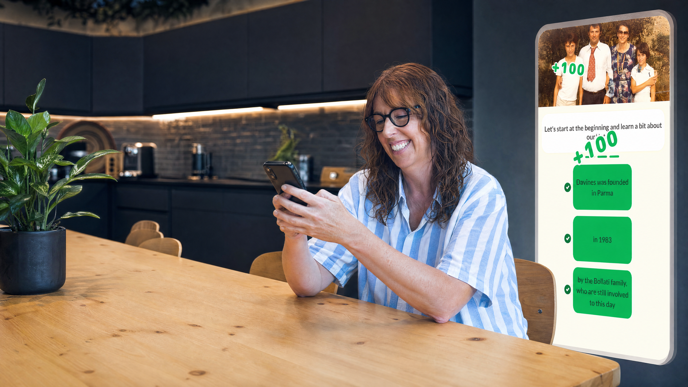 A smiling woman looks at her phone at a kitchen table, with a digital overlay showing a company history quiz.