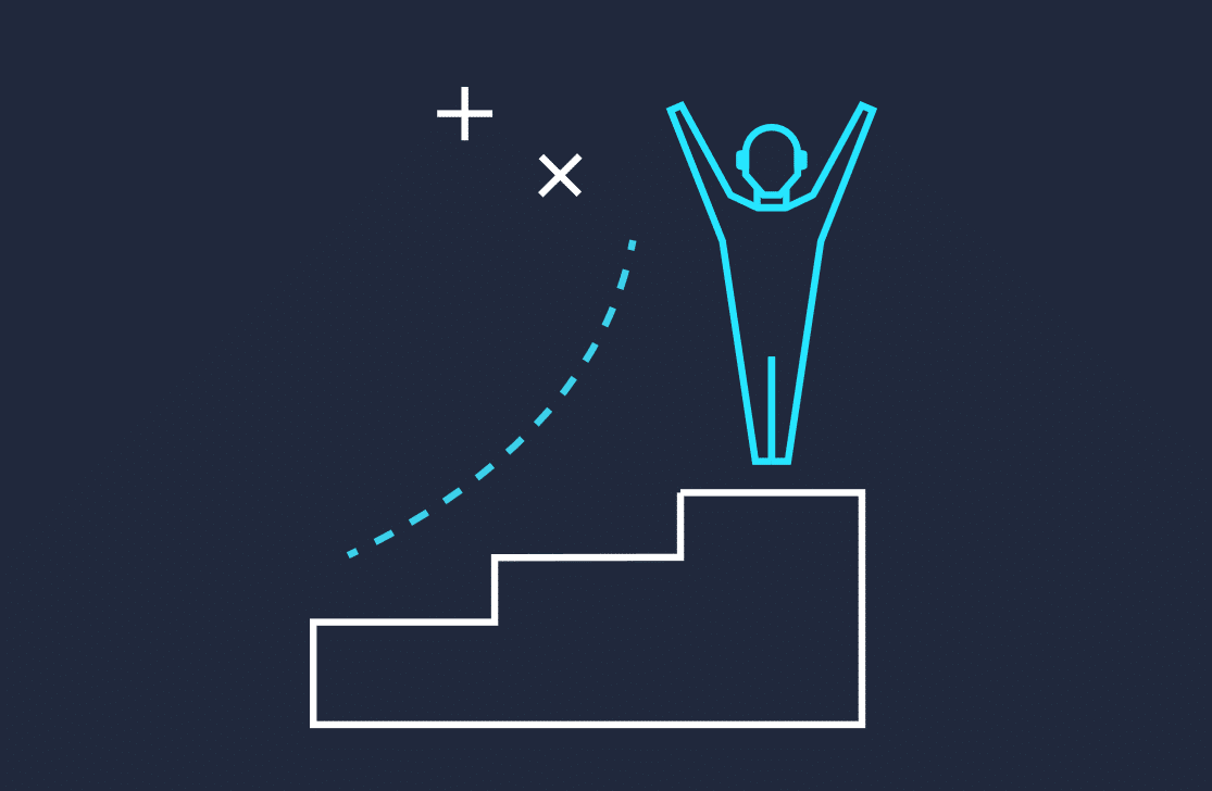 Line illustration of a figure celebrating with raised arms at the top of a staircase