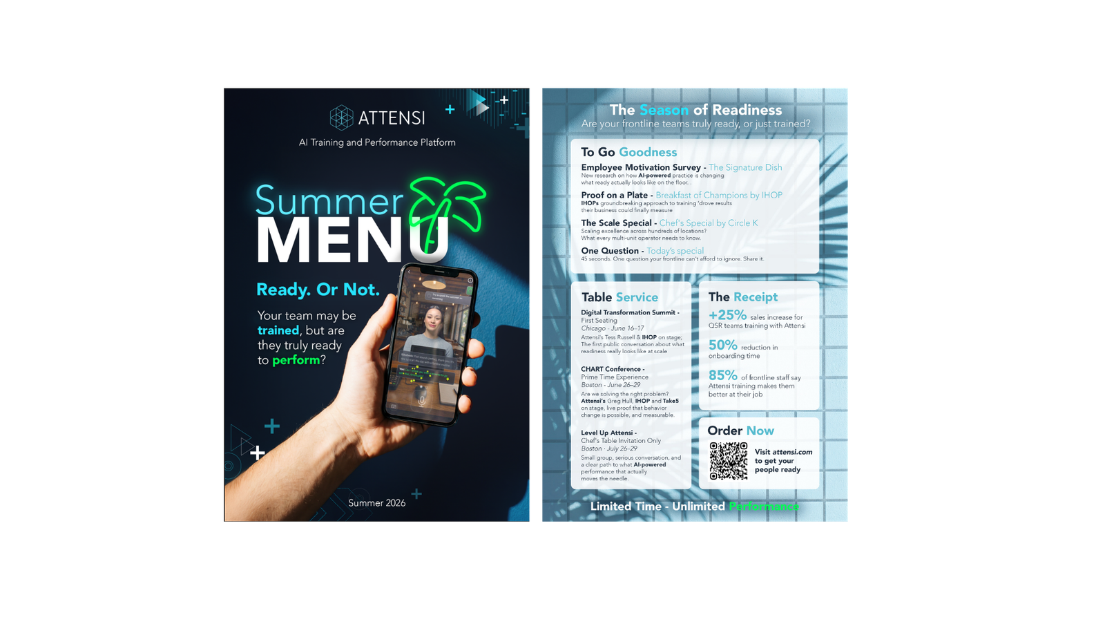 Front and back of the Attensi Summer Menu flyer listing hospitality events and training results