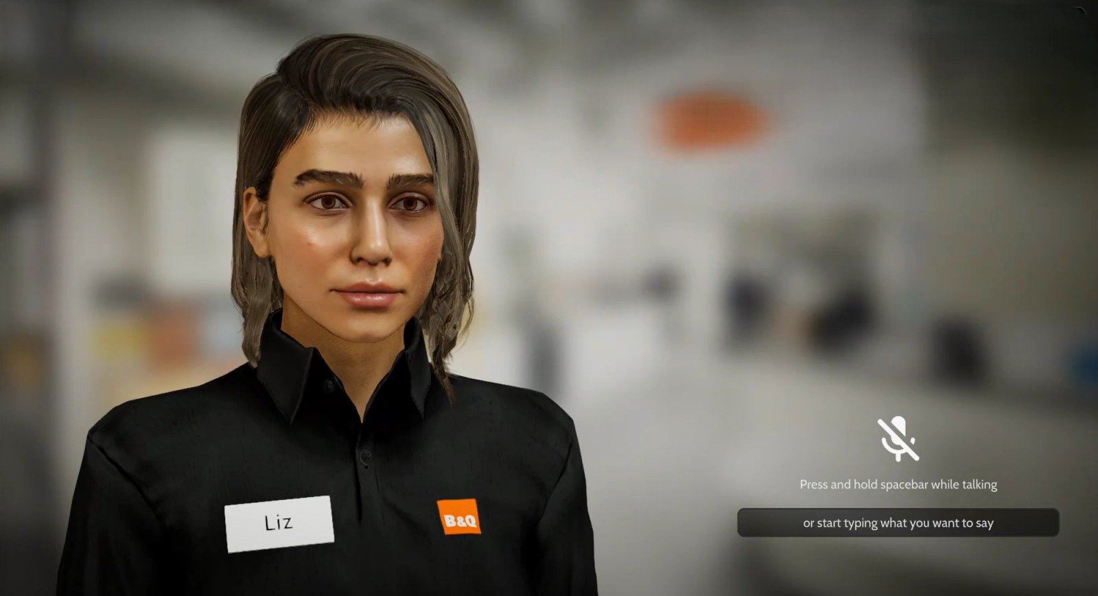 RealTalk-Simulation mit der virtuellen B&Q-Kollegin Liz, die den Nutzer zum Sprechen oder Tippen auffordert