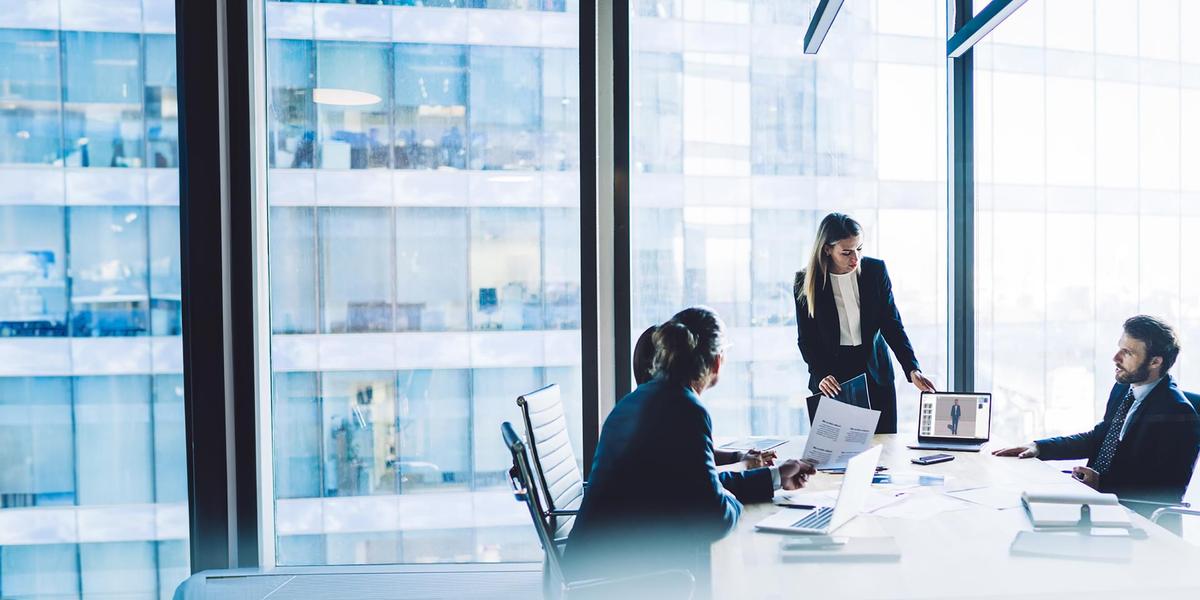 A business woman presents to colleagues around a conference table in a modern office with city views.