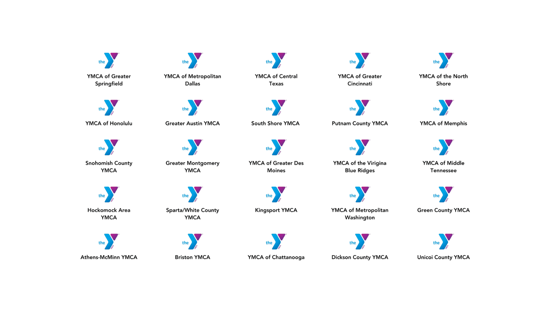 Raster mit 25 YMCA-Logos, jeweils mit einem anderen Standort- oder Regionsnamen.