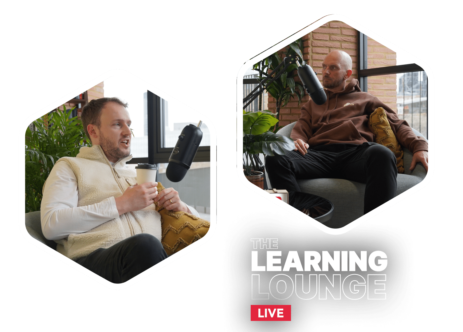 Host and guest with podcast microphones in armchairs, The Learning Lounge Live