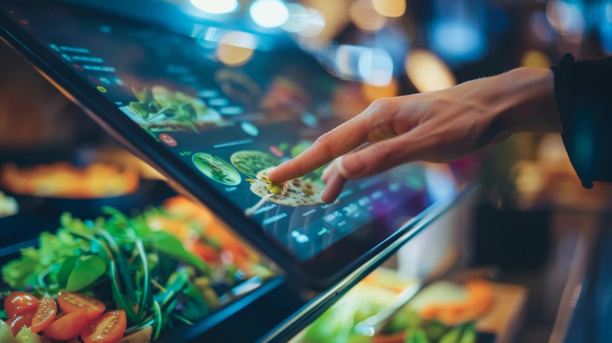 Customer tapping a self-service ordering touchscreen at a quick-service restaurant