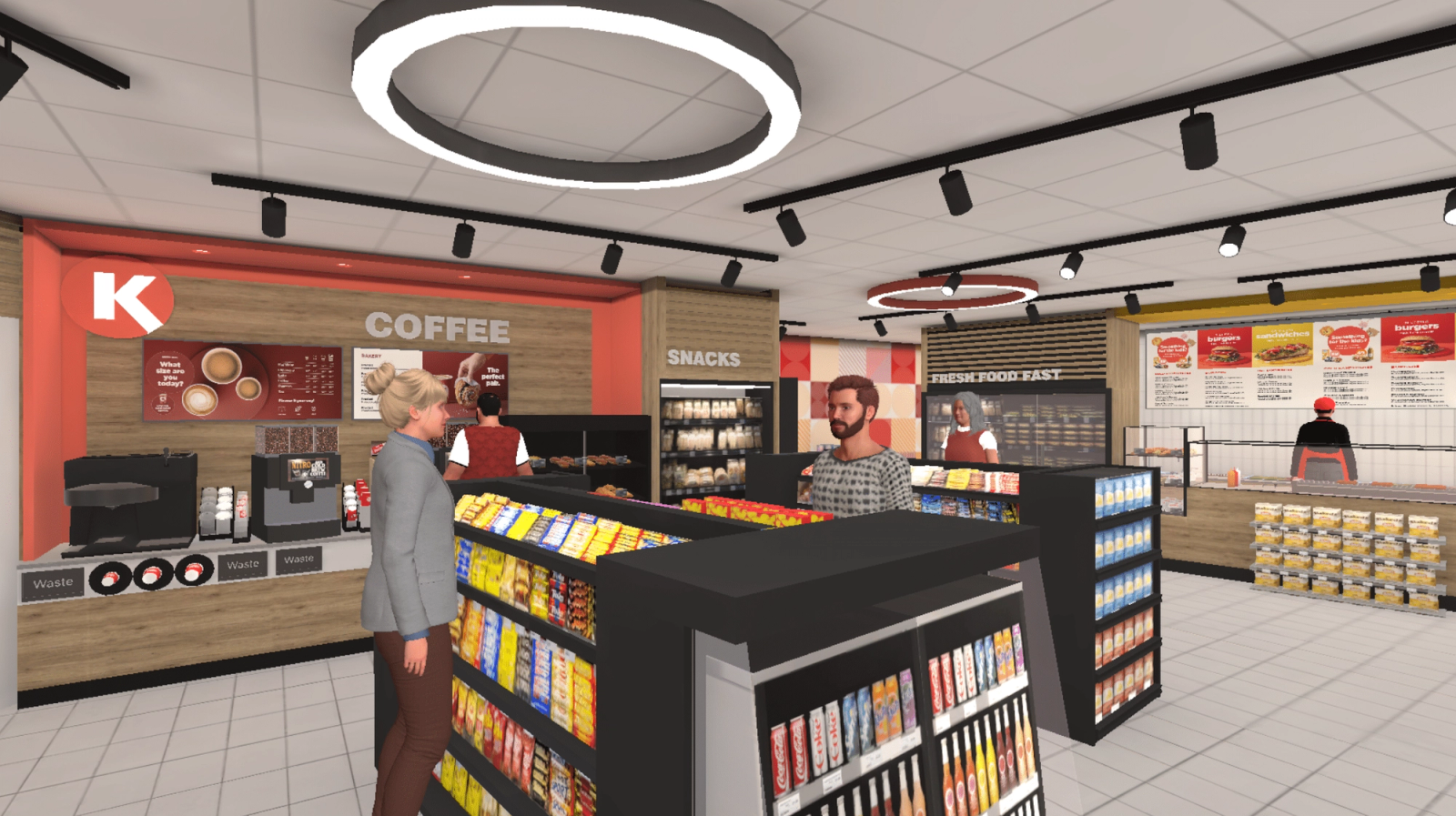 Innenansicht eines modernen Circle K Convenience Stores mit Kaffeestation, Snackregalen, Frischetheke und stilisierten Kunden.