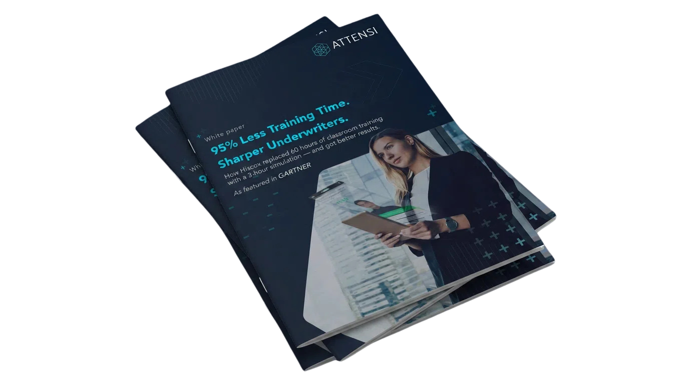Attensi white paper 95% Less Training Time, Sharper Underwriters, shown as a stacked booklet