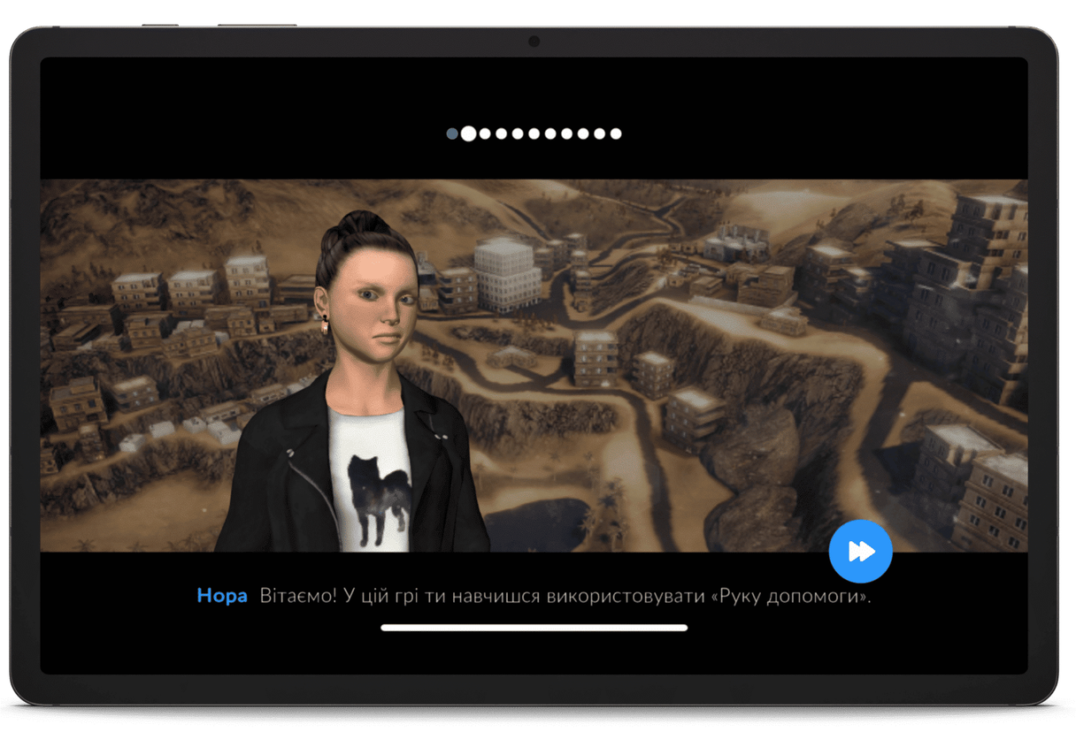 Tablet mit dem Spiel Helping Hand, in dem die Figur Nora die Spielenden auf Ukrainisch begrüßt