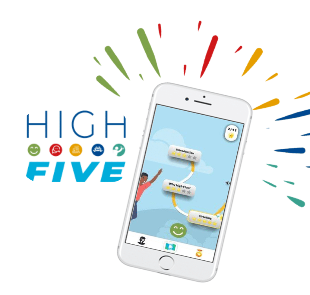 Smarttelefon som viser opplæringsspillet High Five med et nivåkart, ved siden av High Five-logoen