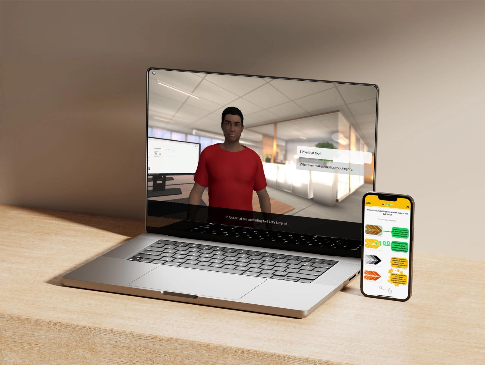 Un ordinateur portable affiche une simulation interactive avec un personnage virtuel dans un bureau, tandis qu'un smartphone posé à côté sur une surface en bois affiche une application de workflow.