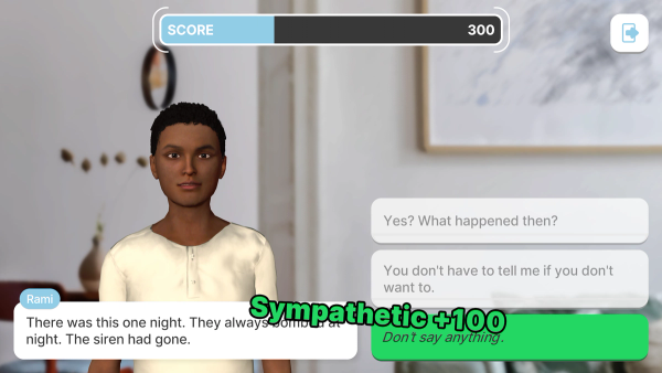 Spielbildschirm von Helping Hand mit der Figur Rami, einer Punkteleiste und Antwortoptionen, die Sympathetic +100 zeigen