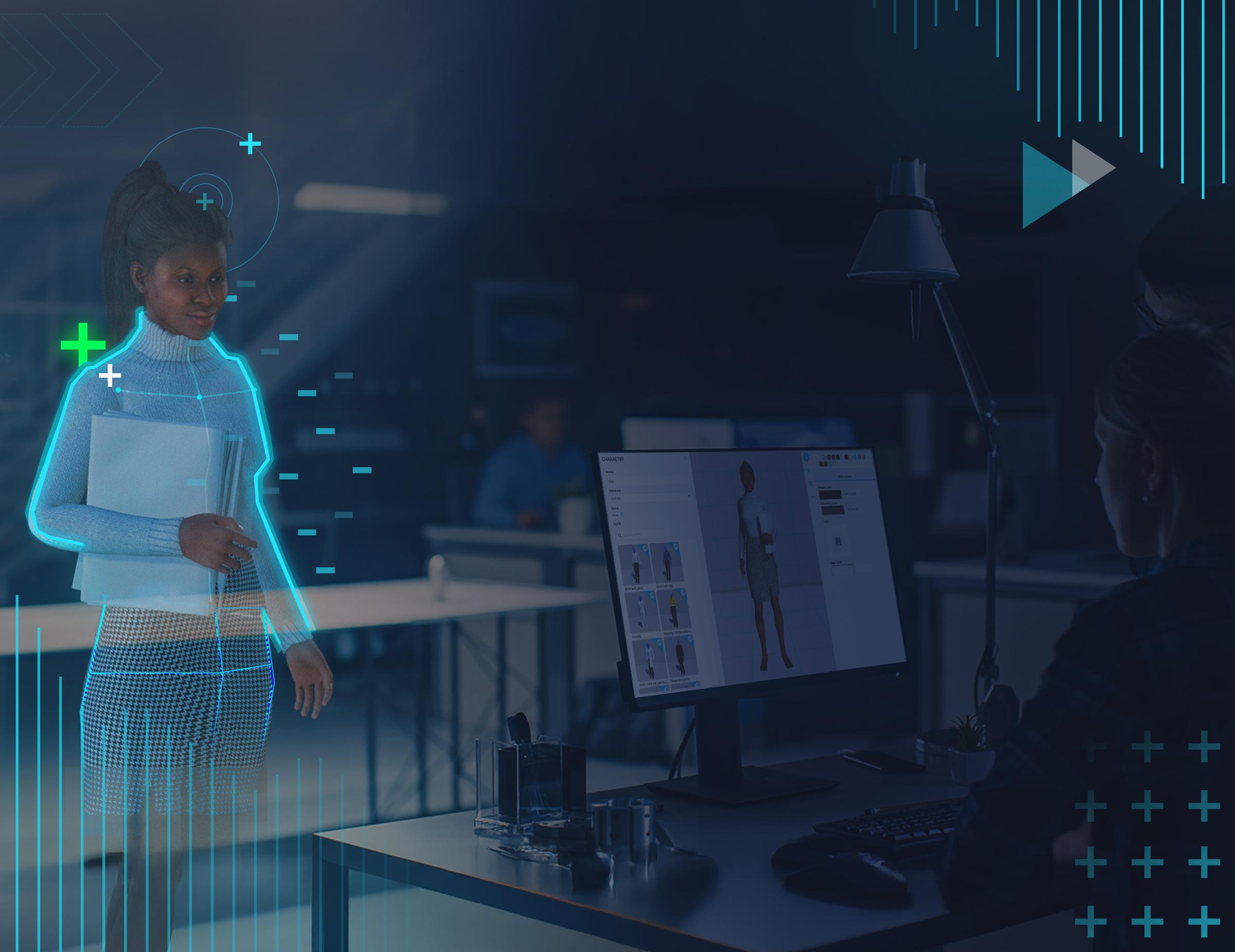 Designer at a monitor building a 3D avatar while a glowing hologram of the character stands beside the desk
