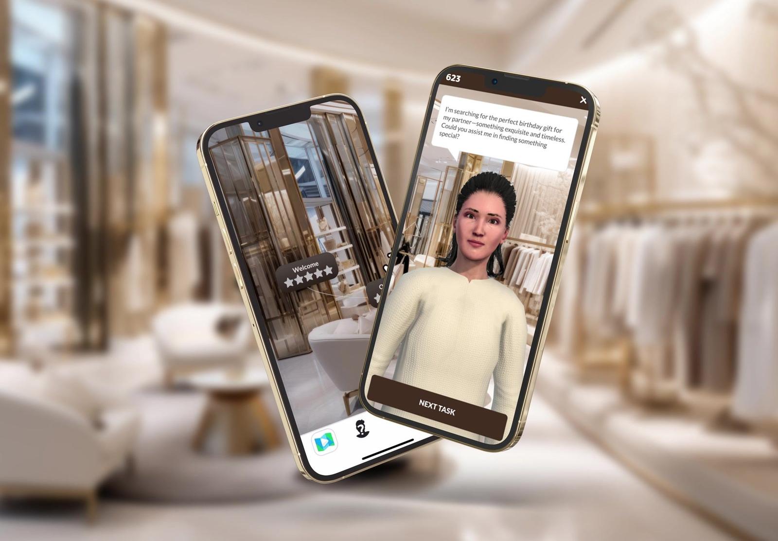 Zwei Smartphones zeigen einen digitalen Assistenten und eine Augmented-Reality-Ansicht eines Luxusgeschäfts vor einem unscharfen Ladeninterieur.