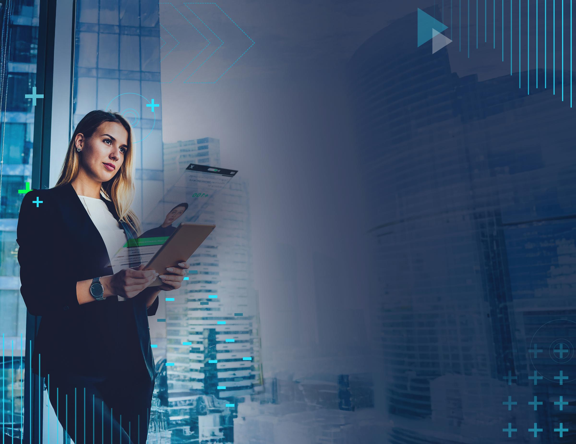 Businesswoman holding a tablet by an office window overlooking a city skyline, with digital overlay