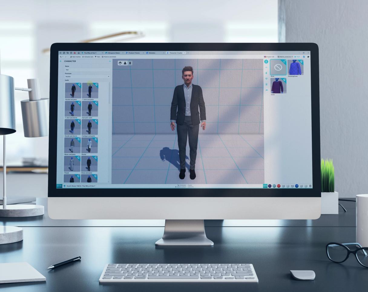 Desktop-Monitor auf einem Schreibtisch mit einem Avatar-Editor: ein 3D-Mann im Anzug, in der Seitenleiste Kleidungsoptionen