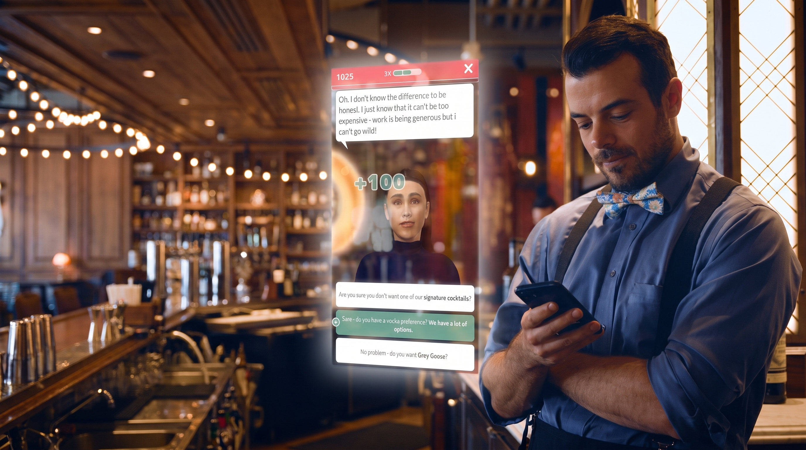 A bartender uses his phone while an augmented reality display shows an AI assistant and chat dialogue in a bar.