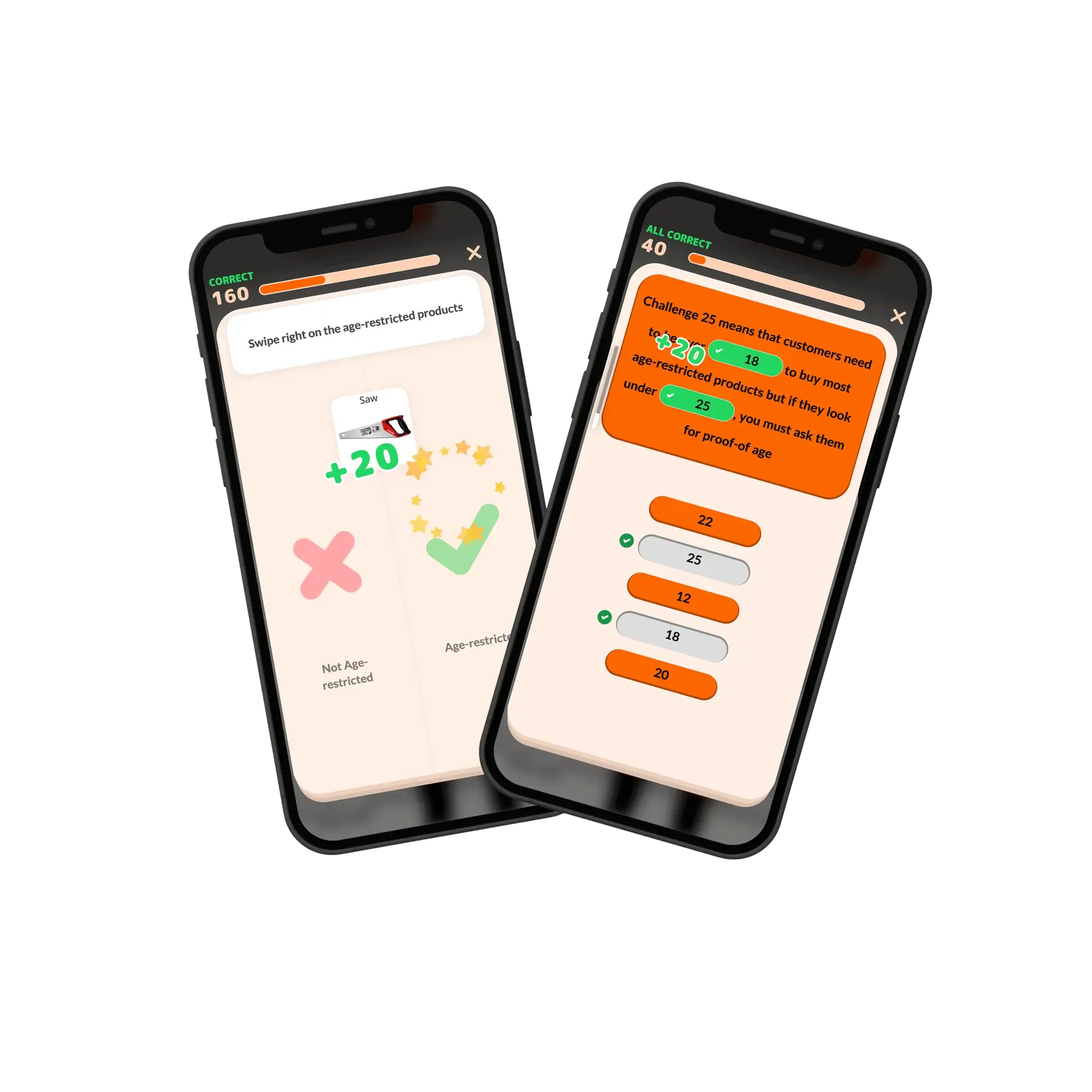Two smartphones displaying a training app about age-restricted sales, with one screen for identifying products and another for a "Challenge 25" quiz.