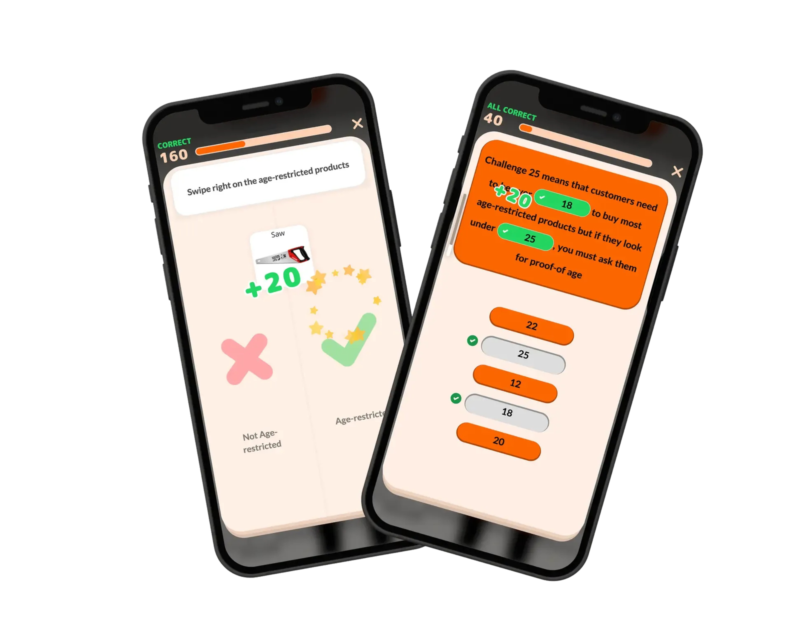 Two smartphones displaying a training app about age-restricted sales, with one screen for identifying products and another for a "Challenge 25" quiz.