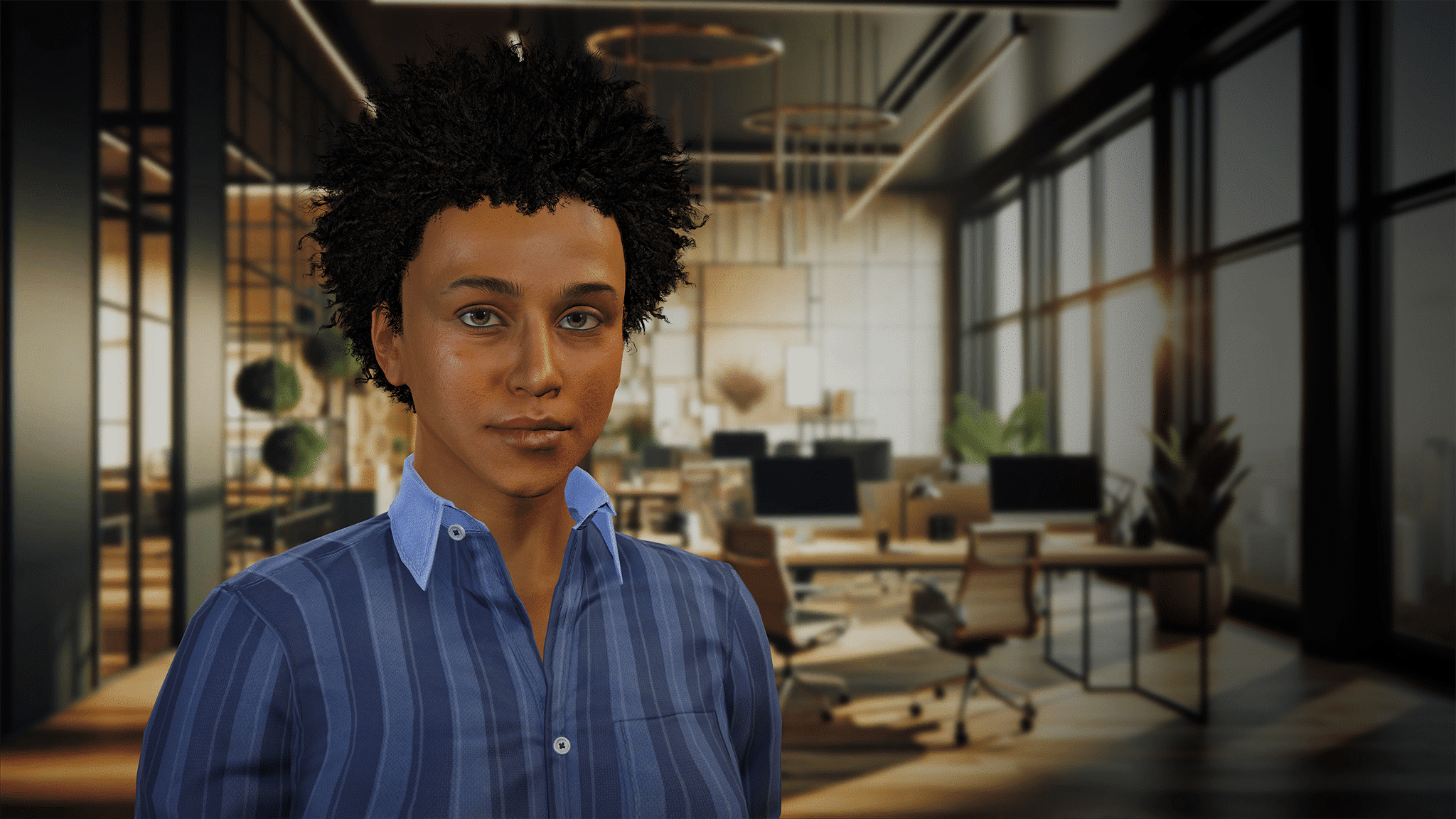 Close-up of an AI role-play avatar in a striped shirt in an open-plan office