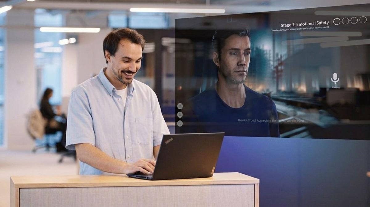 Man at a laptop beside a large screen running a Stage 1: Emotional Safety role-play, colleague seated behind