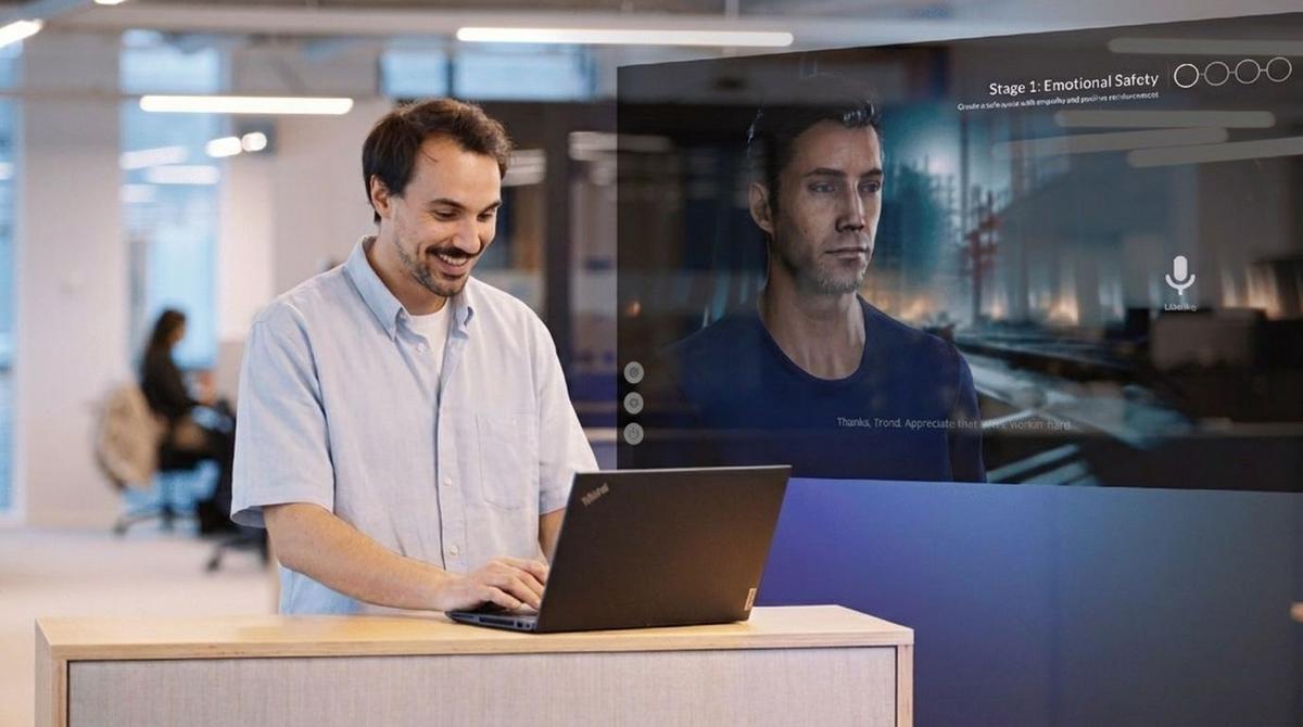 Man at a laptop beside a large screen running a Stage 1: Emotional Safety role-play, colleague seated behind