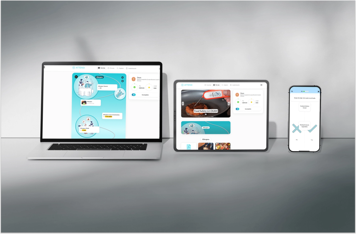 Compliance-opplæring i Attensi Comply vist på laptop, nettbrett og mobil