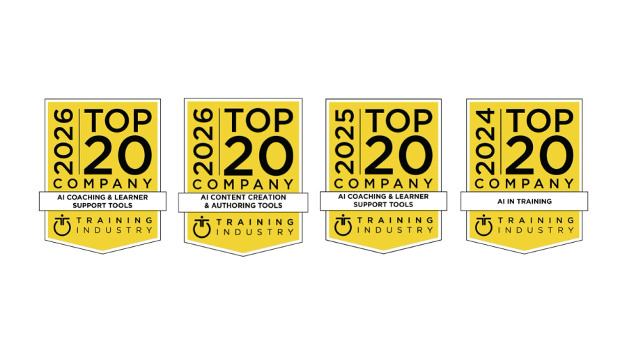 Vier Badges Training Industry Top 20 Company: AI Coaching & Learner Support Tools 2026 und 2025, AI Content Creation & Authoring Tools 2026, AI in Training 2024