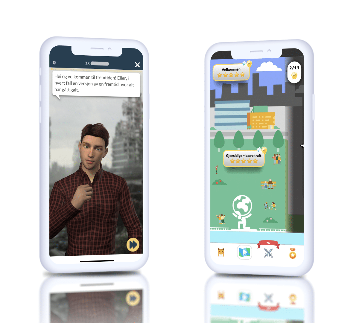 Zwei Smartphones mit Gjensidige-Nachhaltigkeitstraining: ein Avatar in einer zerstörten Stadt und eine Levelkarte