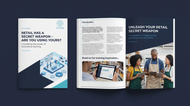 Attensi-Whitepaper „Der Einzelhandel hat eine Geheimwaffe – nutzen Sie Ihre?“, als Cover und aufgeschlagene Doppelseite