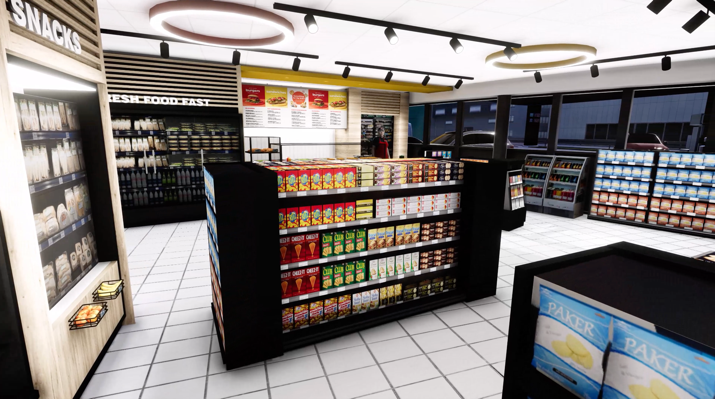 3D-gerenderter Innenraum eines Convenience Stores mit Snackregalen aus der Circle-K-Trainingssimulation