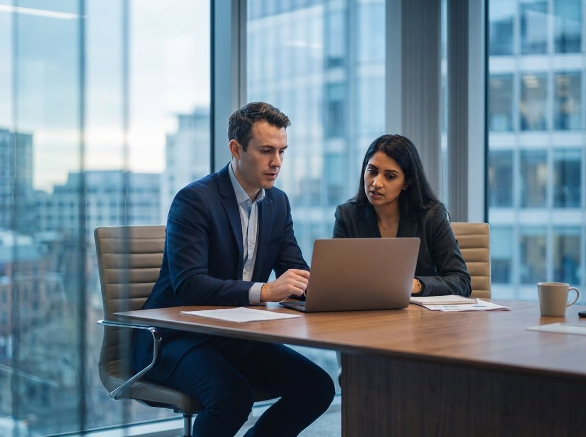 Two colleagues using a laptop in an office.