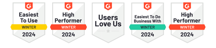 Fünf G2-Badges Winter 2024: Easiest To Use, High Performer, Users Love Us und Easiest To Do Business With