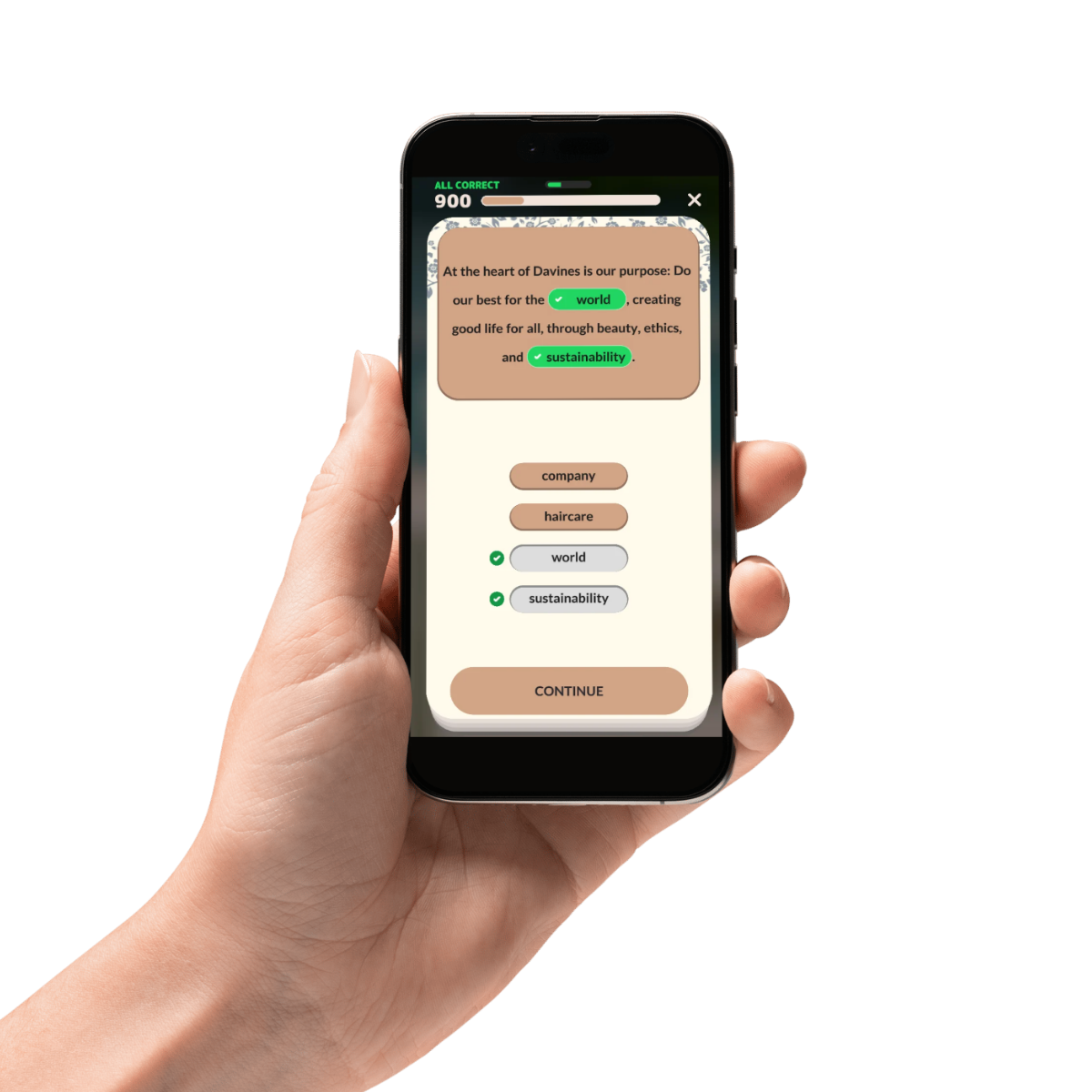 Hand holding a smartphone displaying an educational quiz with "world" and "sustainability" marked as correct answers.