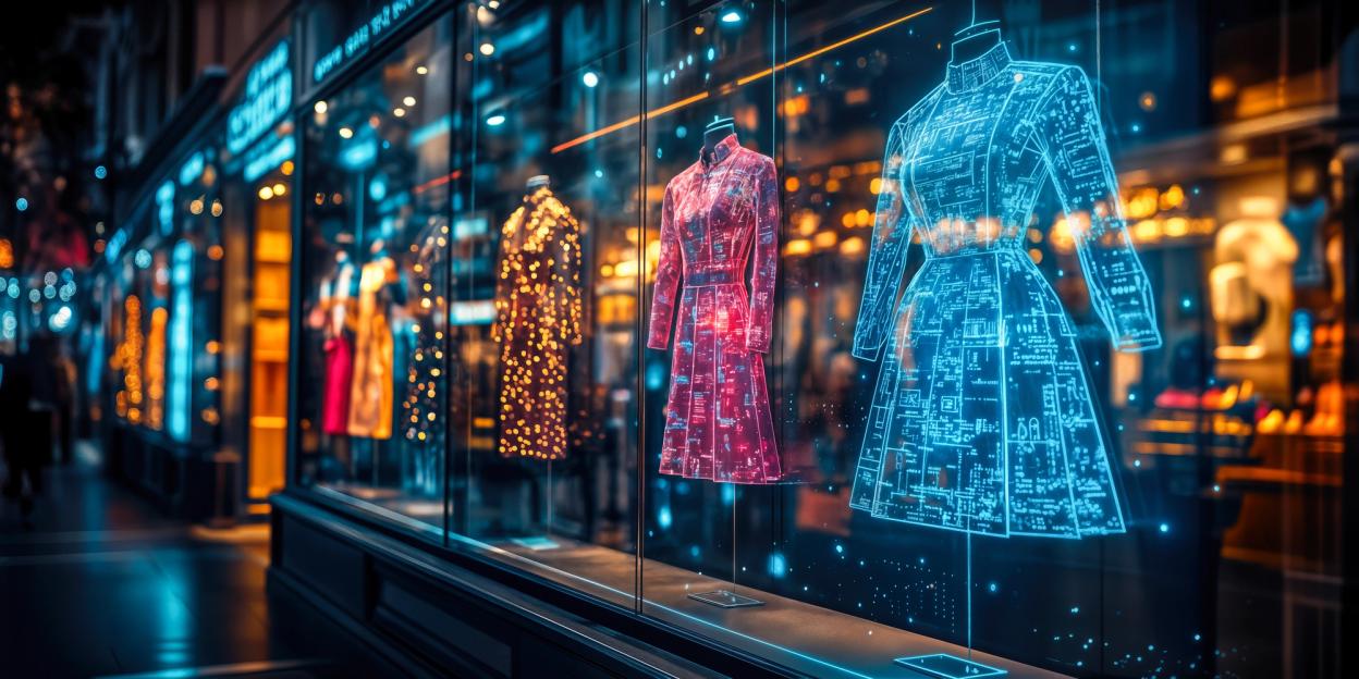 Boutique-Schaufenster bei Nacht mit leuchtenden holografischen Kleidern an Schaufensterpuppen