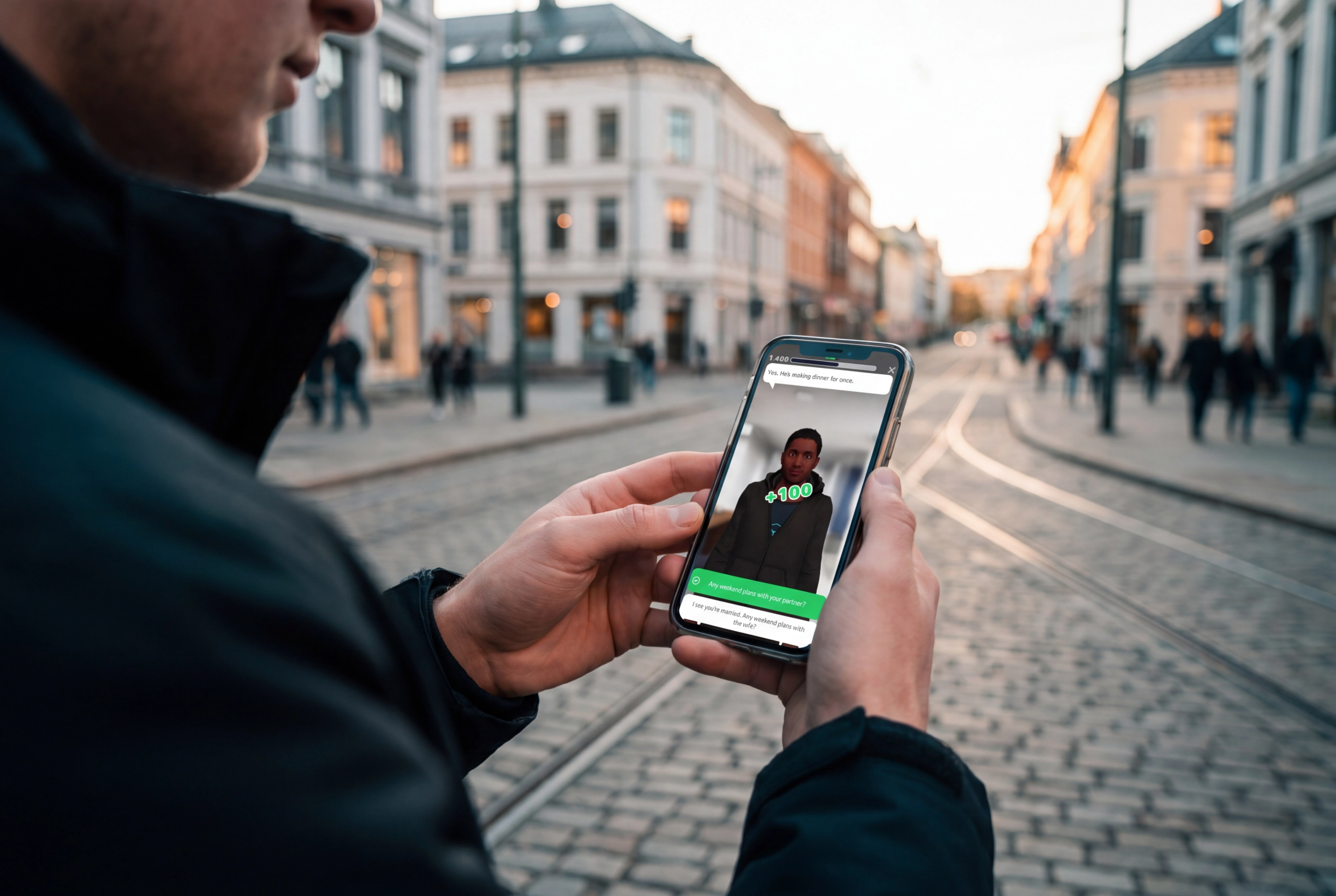 Man holding a smartphone on a city street, playing a training game that awards +100 points