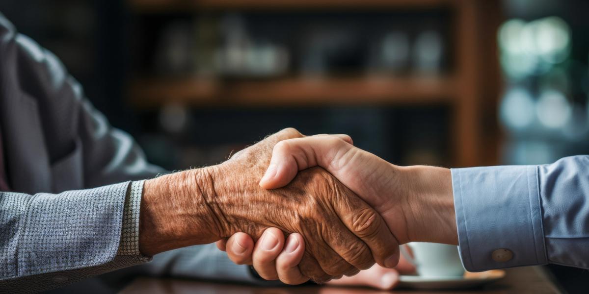 Nahaufnahme eines Handschlags zwischen einer älteren und einer jüngeren Person über einem Tisch