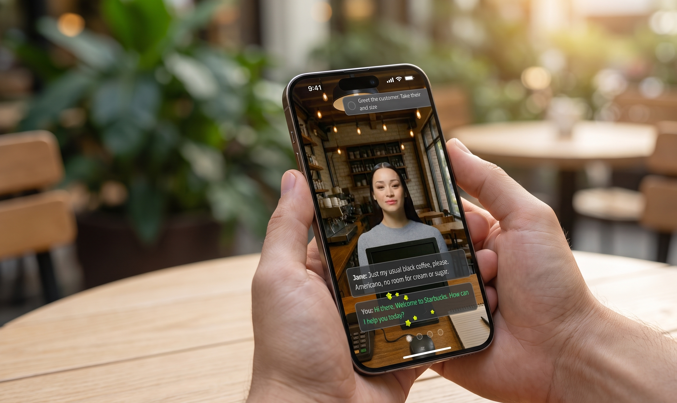 A person holds a smartphone displaying a virtual barista chatbot taking a coffee order, with an outdoor cafe in the background.
