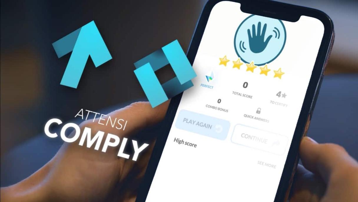 Attensi Comply on a phone showing a five-star module result with Play again and Continue buttons