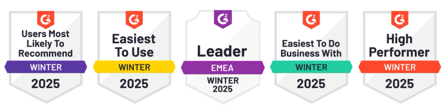 G2-Badges Winter 2025: Users Most Likely To Recommend, Easiest To Use, Leader EMEA, Easiest To Do Business With und High Performer