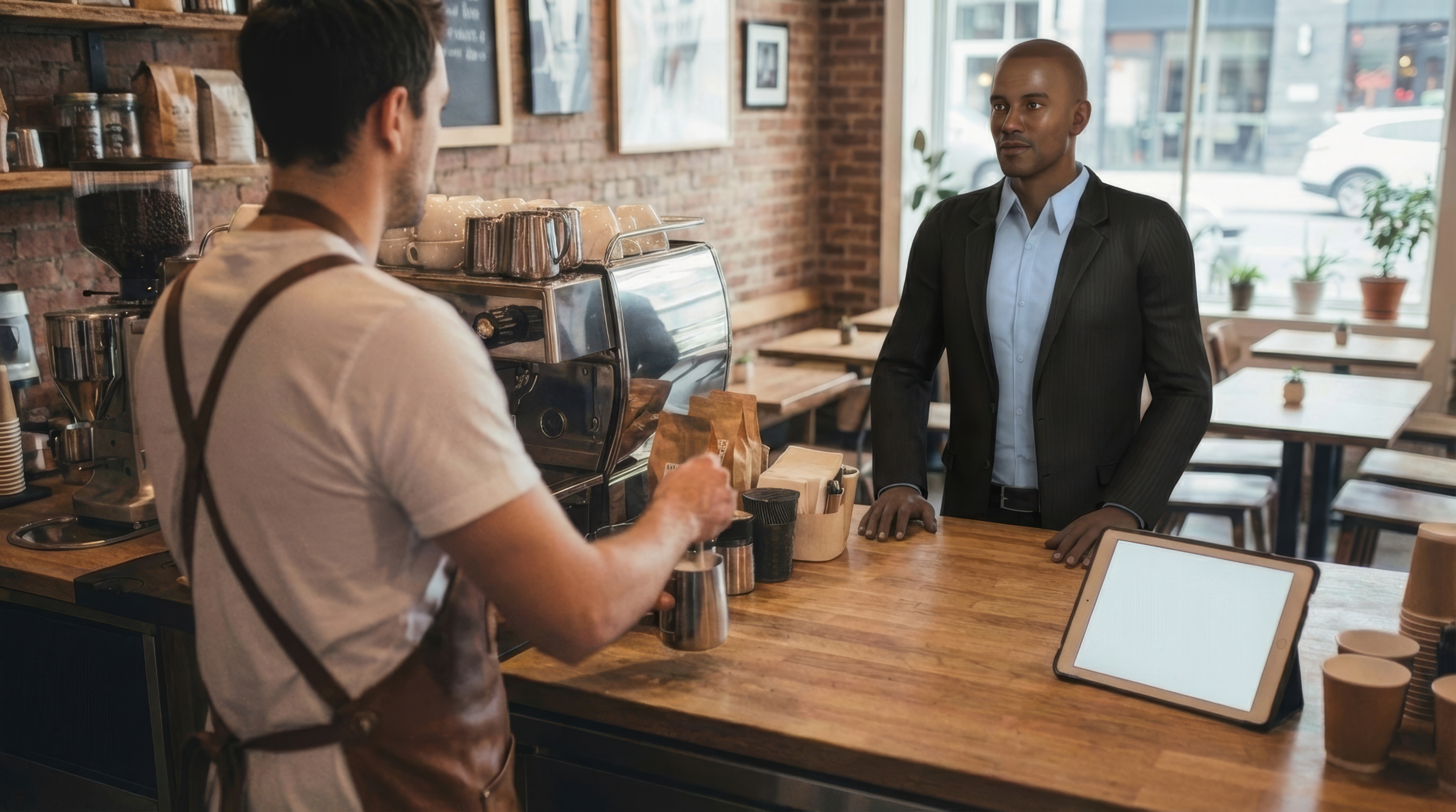 Ein Barista bereitet an der Theke eines Cafés Kaffee für einen Kunden im Anzug zu, daneben ein Tablet mit leerem Bildschirm.