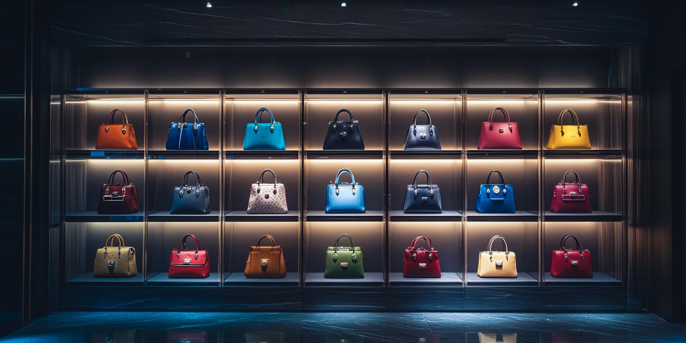 Colourful designer handbags displayed on illuminated shelves in a luxury boutique