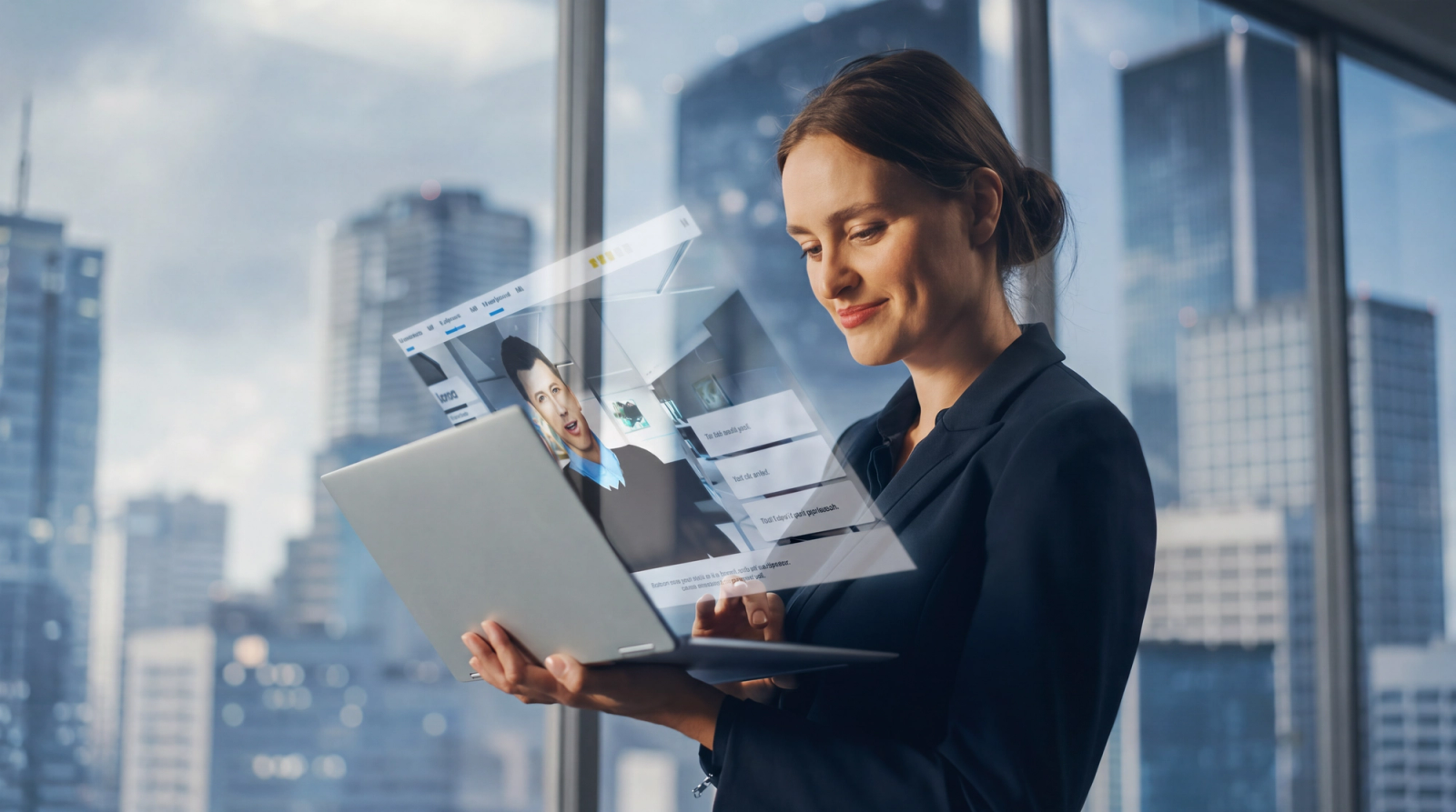 A businesswoman holds a laptop, interacting with a projected digital interface showing profiles and text, against a city skyline.
