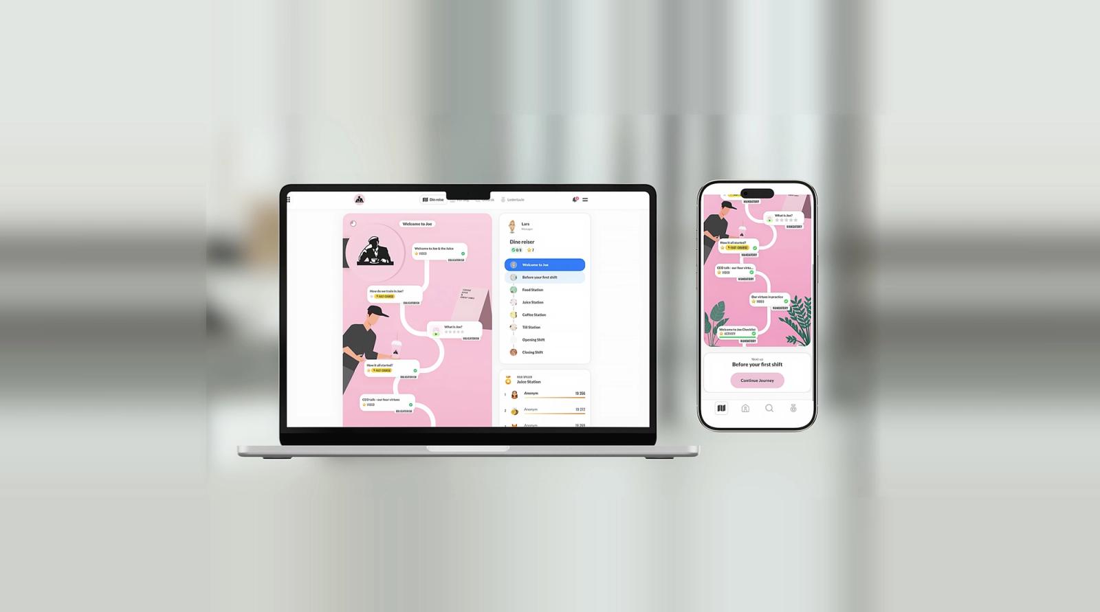 Laptop und Smartphone mit einer rosafarbenen App-Oberfläche mit Personenillustrationen, einem gewundenen Weg und Menüelementen.