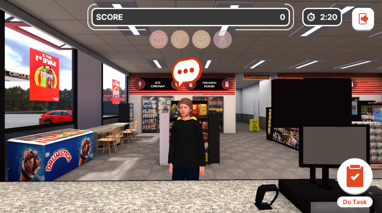 Attensi ShopSim till training: a customer avatar approaches the counter in a simulated Circle K store, with score and timer
