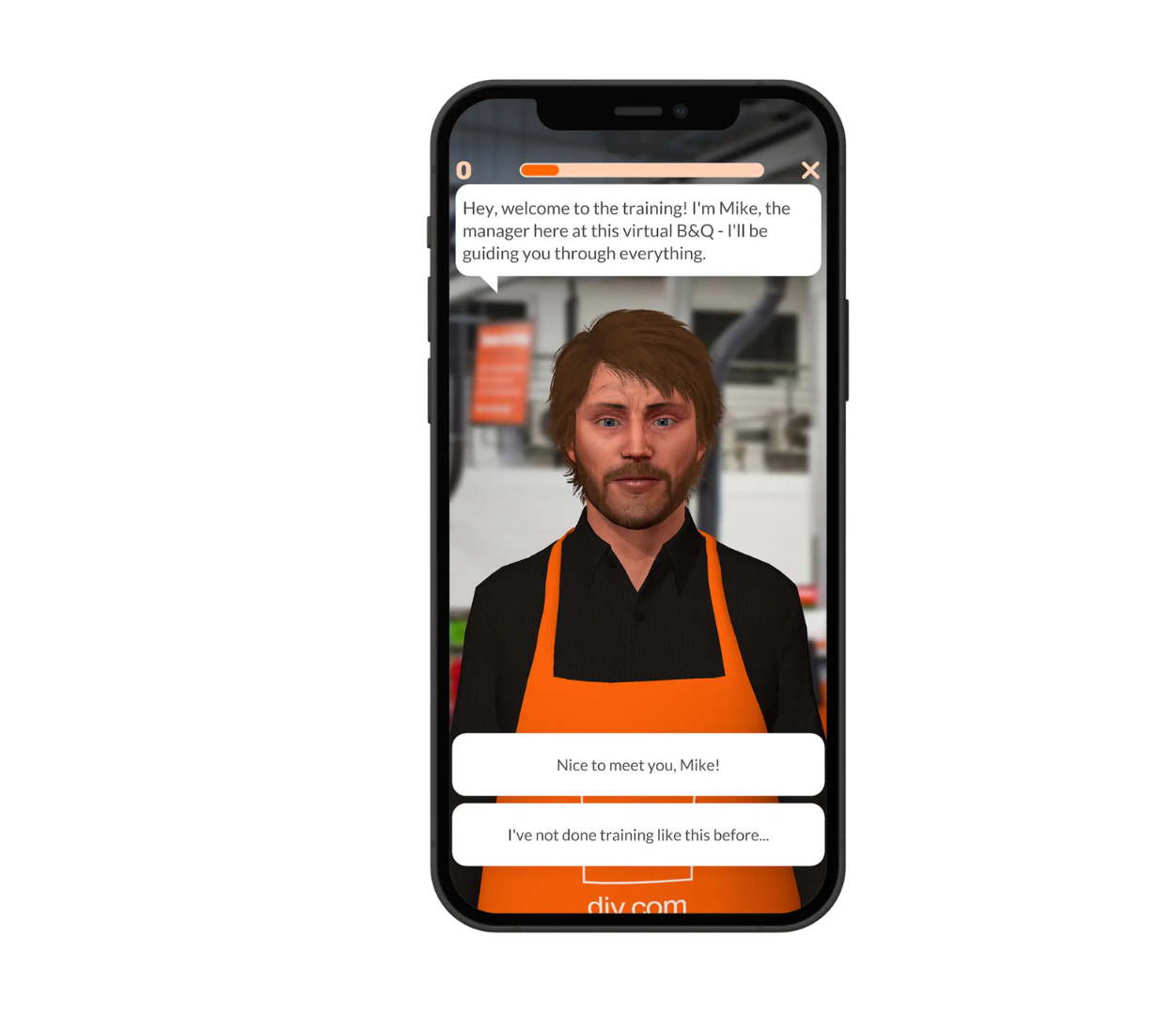 A smartphone displays a virtual training app with an avatar of a man in an orange apron, identified as Mike the manager, greeting the user with interactive response buttons below.