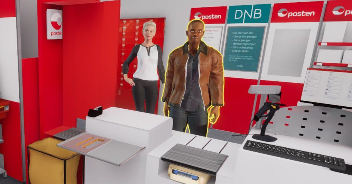 Simuleringsbilde fra en Posten-filial med to avatarer ved skranken og Posten- og DNB-skilt på veggen