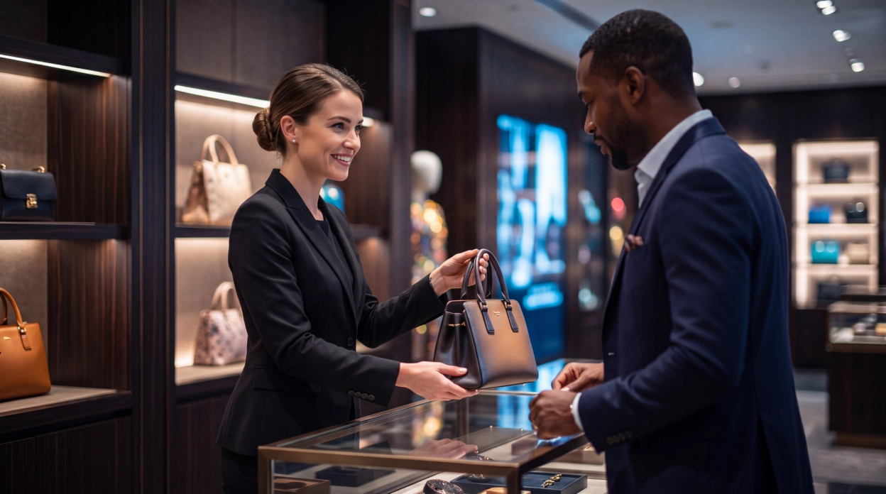 Lächelnde Verkaufsberaterin reicht in einer Luxusboutique eine Lederhandtasche über die Theke an die Kundschaft
