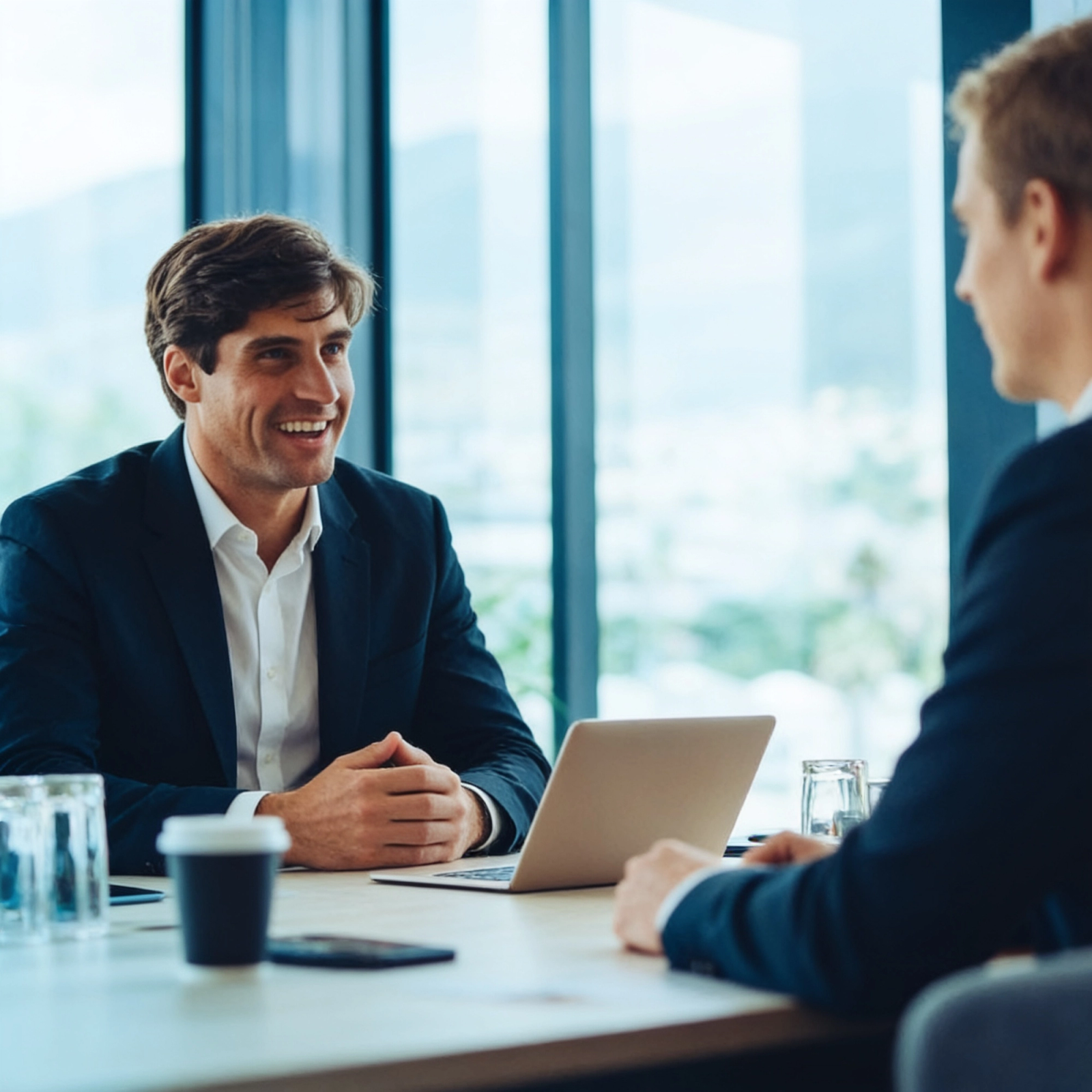 Two businessmen at a table, one smiling while looking at the other.